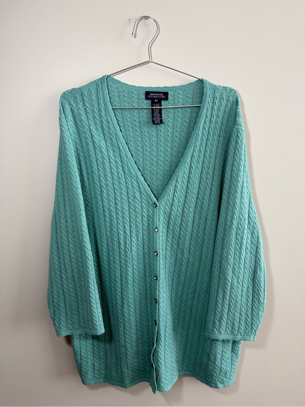 Jones New York Signature V-Neck Button-Front Cardigan Teal Size 3x Wool Blend